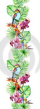 Tropical leaves, exotic bird, orchid flowers. Seamless border. Watercolor stripe