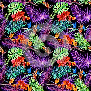 Tropical leaves, exotic flowers in neon glow. Repeating hawaiian pattern. Watercolor photo