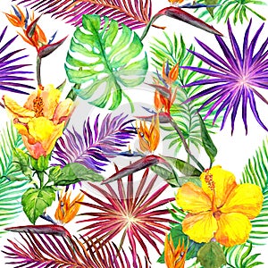 Tropical leaves, exotic flowers. Seamless jungle pattern. Watercolor