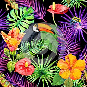 Tropical leaves, exotic flowers, toucan bird, gecko. Seamless wallpaper. Watercolor