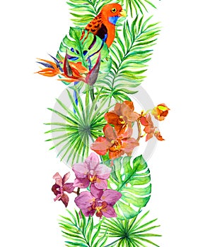 Tropical leaves, exotic parrot bird, orchid flowers. Repeating border. Water color frame