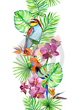 Tropical leaves, exotic parrot bird, orchid flowers. Seamless border. Water color frame