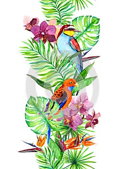 Tropical leaves, exotic parrot bird, orchid flowers. Seamless border. Watercolor stripe