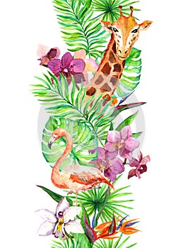 Tropical leaves, flamingo bird, giraffe, orchid flowers. Seamless border. Watercolor