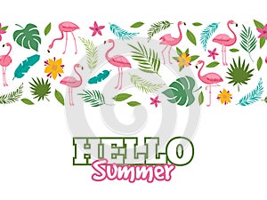 Tropical leaves and flamingo pattern. Hello summer background design