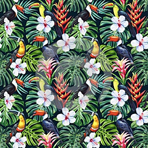 Tropical leaves, flower and toucan, jungle seamless pattern, watercolor illustration, flora background, trendy colors