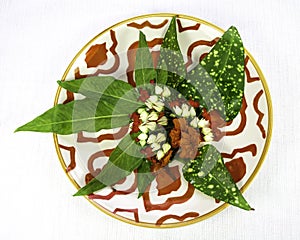 Tropical Leaves and Flowers on Asian Plate