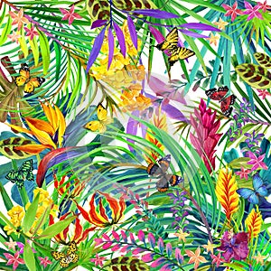 Tropical leaves and flowers background.