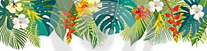 Tropical leaves and flowers border. Summer floral decoration. Horizontal summertime banner. Bright jungle background. Bright