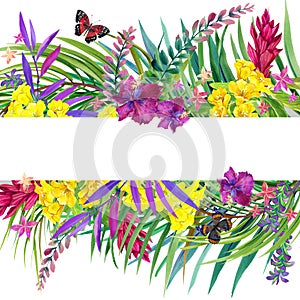 Tropical leaves, flowers and butterfly.