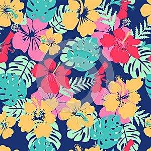 tropical leaves and flowers hibiscus flower hawaii summer background.