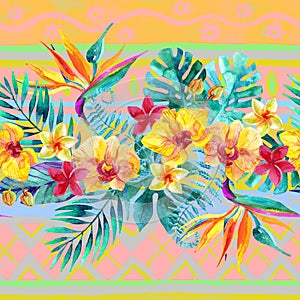 Tropical leaves and flowers on ornamental background. Floral design background.