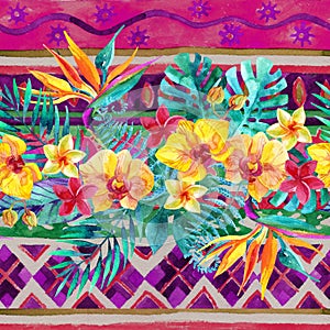 Tropical leaves and flowers on ornamental background. Floral design background.