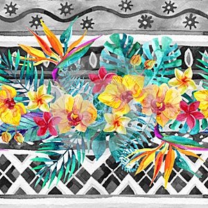 Tropical leaves and flowers on ornamental background. Floral design background.