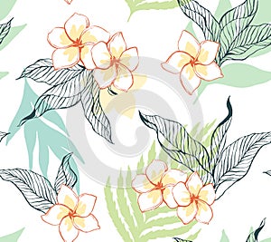 Tropical leaves and flowers pastel colors pattern design
