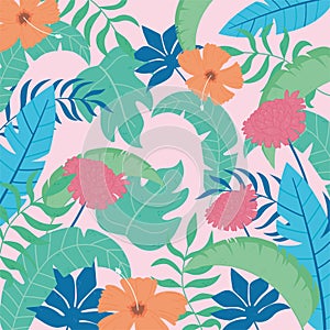 Tropical leaves flowers pattern, vivid foliage, with monstera palm leaf pink background