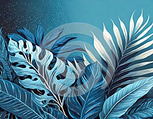 tropical leaves foliage plant in blue color background composition trendy exotic wallpaper for design