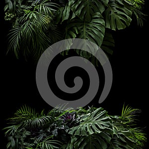 Tropical leaves foliage rainforest plants bush foral arrangement nature frame backdrop on black background