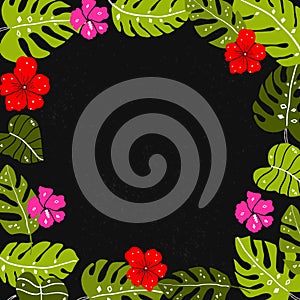 Tropical leaves frame with copyspace. Bright hand drawn leaf and hibiscus flowers ar dark background.