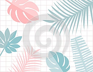 Tropical leaves frame with copyspace. Pastel pink and blue tropic summer background. Monstera and leaf