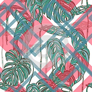 Tropical leaves on geometry shapes background.