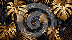 Tropical leaves gold and black, Dark Monstera, palm graphic design