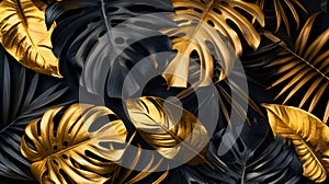 Tropical leaves gold and black, Dark Monstera, palm graphic design