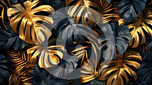 Tropical leaves gold and black, Dark Monstera, palm graphic design