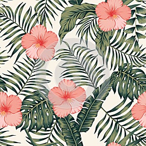 Tropical leaves and hibiscus abstract colors seamless white background