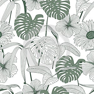 Tropical leaves, jungle leaves seamless vector floral pattern background