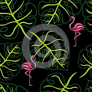 Tropical leaves Monstera green and pink flamingo seamless pattern on a black background. Design suitable for textile, wallpaper