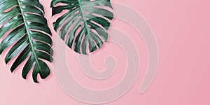 Tropical leaves monstera and philodendron on pink color background minimal summer