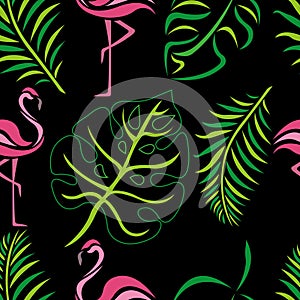 Tropical leaves of monstera, royal fern and flamingo seamless pattern on a black background. Design suitable for textile