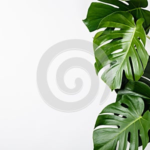 Tropical leaves Monstera on white background, copyspace