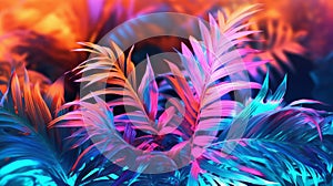 Tropical leaves in neon colors on light background. Generative AI.