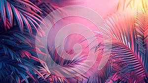 Tropical leaves in neon colors on pink background. Creative summer inviting banner design with free copy space