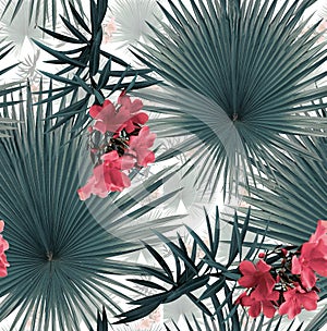 Tropical leaves and  oleander flower seamless pattern
