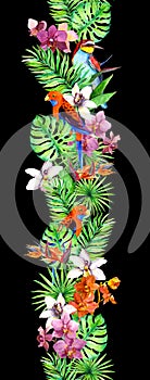 Tropical leaves, orchid flowers, exotic birds. Repeating exotic border frame.