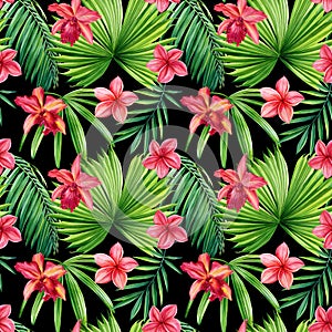 Tropical leaves, orchid and plumeria flowers, watercolor botanical illustration. Seamless pattern on black background