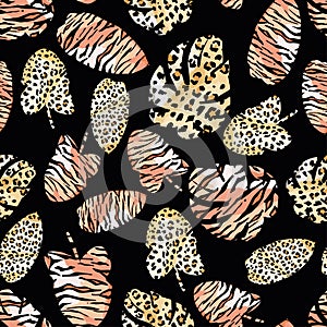 Tropical leaves painted tiger leopard skin seamless black background