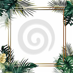 tropical leaves and palm leaves with a gold frame on a white background