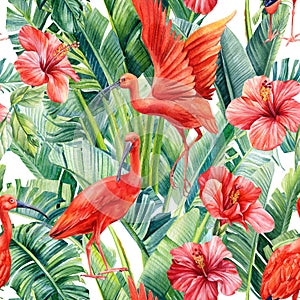 Tropical leaves palm, hibiscus flowers and ibis birds on an isolated background. Watercolor seamless pattern
