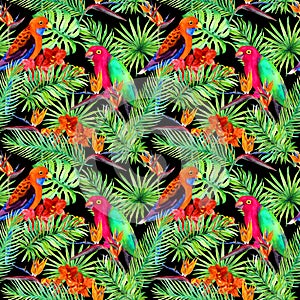 Tropical leaves, parrot birds, exotic flowers. Seamless jungle pattern on black background. Watercolor