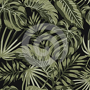 Tropical leaves pattern on black background. Green tropical Jungle pattern