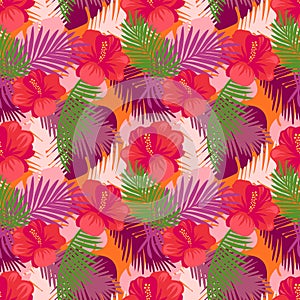 Tropical leaves pattern with flowers.