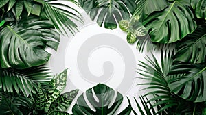 Tropical leaves and plants arranged in a circle, AI