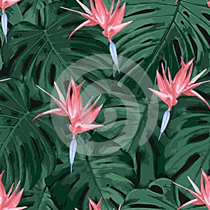 Tropical leaves realistic seamless pattern. Rainforest jungle nature style