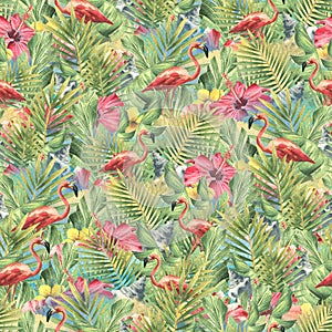 Tropical leaves with red hibiscus flowers, pink flamingos and seashells. Watercolor illustration. Seamless pattern from