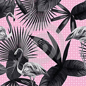 Tropical leaves seamless flamingo background circle black white