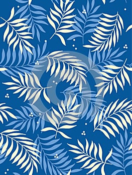 Tropical leaves seamless pattern on dark blue background. Vector illustration.